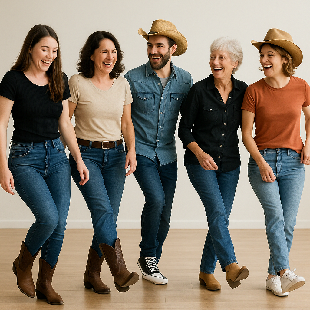 four ladies and one man line dancing, laughing, some wearing line dancing boots and some in trainers, all in casual clothing (NOT all wearing the same). age group  - mixed from 20s to 60s , None